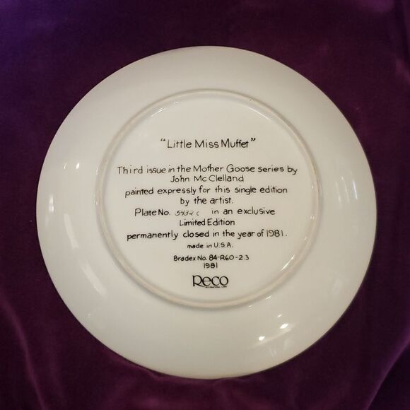 Vintage Reco "Little Miss Muffet" Nursery Rhyme Collector Plate- John McClelland - Picture 2 of 3